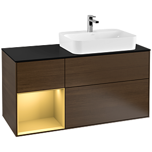 Villeroy und Boch Finion Waschtischunterschrank F392HFGN 120cm, Abdeckplatte black matt, Regal links Gold matt, Walnut veneer