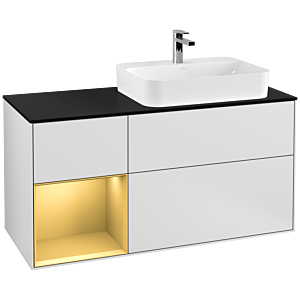 Villeroy und Boch Finion Waschtischunterschrank F392HFMT 120cm, Abdeckplatte black matt, Regal links Gold matt, White matt lacquer