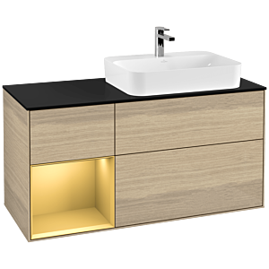 Villeroy und Boch Finion Waschtischunterschrank F392HFPC 120cm, Abdeckplatte black matt, Regal links Gold matt, Oak Veneer
