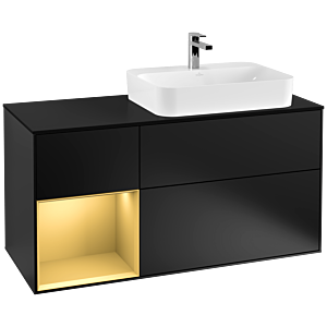 Villeroy und Boch Finion Waschtischunterschrank F392HFPD 120cm, Abdeckplatte black matt, Regal links Gold matt, Black matt lacquer