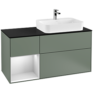 Villeroy und Boch Finion Waschtischunterschrank F392MTGM 120cm, Abdeckplatte black matt, Regal links White matt lacquer, Olive Matt Lacquer