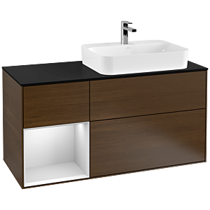 Villeroy und Boch Finion Waschtischunterschrank F392MTGN 120cm, Abdeckplatte black matt, Regal links White matt lacquer, Walnut veneer