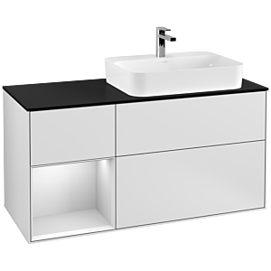 Villeroy und Boch Finion Waschtischunterschrank F392MTMT 120cm, Abdeckplatte black matt, Regal links White matt lacquer, White matt lacquer