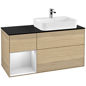Villeroy und Boch Finion Waschtischunterschrank F392MTPC 120cm, Abdeckplatte black matt, Regal links White matt lacquer, Oak Veneer