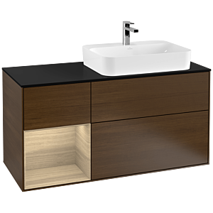 Villeroy und Boch Finion Waschtischunterschrank F392PCGN 120cm, Abdeckplatte black matt, Regal links Oak Veneer, Walnut veneer