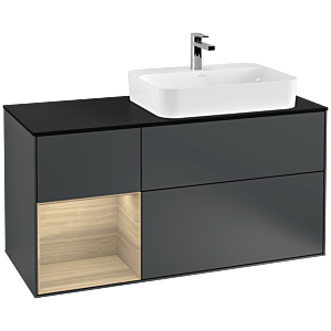 Villeroy und Boch Finion Waschtischunterschrank F392PCHG 120cm, Abdeckplatte black matt, Regal links Oak Veneer, Midnight Blue Matt Lacquer
