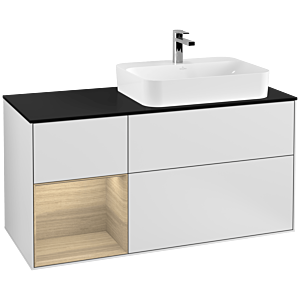 Villeroy und Boch Finion Waschtischunterschrank F392PCMT 120cm, Abdeckplatte black matt, Regal links Oak Veneer, White matt lacquer