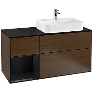 Villeroy und Boch Finion Waschtischunterschrank F392PDGN 120cm, Abdeckplatte black matt, Regal links Black matt lacquer, Walnut veneer