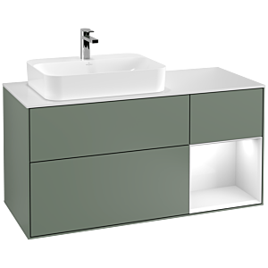 Villeroy und Boch Finion Waschtischunterschrank F401GFGM 120cm, Abdeckplatte white matt, Regal rechts Glossy white lacquer, Olive Matt Lacquer
