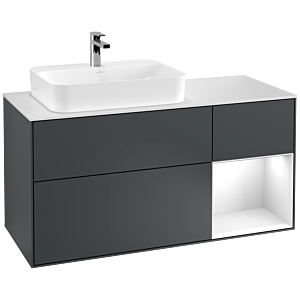 Villeroy und Boch Finion Waschtischunterschrank F401GFHG 120cm, Abdeckplatte white matt, Regal rechts Glossy white lacquer, Midnight Blue Matt Lacquer