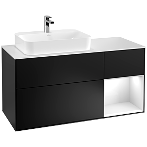 Villeroy et Boch Finion Villeroy et Boch F401GFPD 120cm, couvercle blanc mat, étagère à droite laqué blanc brillant, laqué noir mat