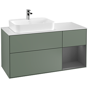 Villeroy und Boch Finion Waschtischunterschrank F401GKGM 120cm, Abdeckplatte white matt, Regal rechts Anthracite matt, Olive Matt Lacquer