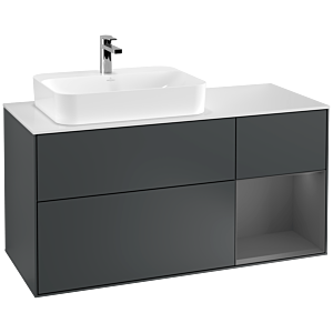Villeroy und Boch Finion Waschtischunterschrank F401GKHG 120cm, Abdeckplatte white matt, Regal rechts Anthracite matt, Midnight Blue Matt Lacquer
