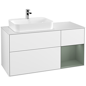 Villeroy und Boch Finion Waschtischunterschrank F401GMGF 120cm, Abdeckplatte white matt, Regal rechts Olive Matt Lacquer, Glossy white lacquer
