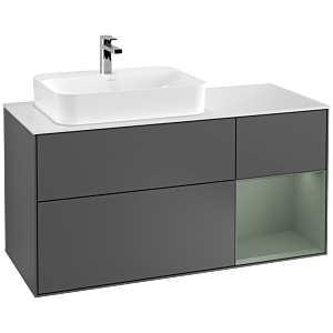 Villeroy und Boch Finion Waschtischunterschrank F401GMGK 120cm, Abdeckplatte white matt, Regal rechts Olive Matt Lacquer, Anthracite matt