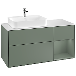 Villeroy und Boch Finion Waschtischunterschrank F401GMGM 120cm, Abdeckplatte white matt, Regal rechts Olive Matt Lacquer, Olive Matt Lacquer