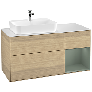 Villeroy und Boch Finion Waschtischunterschrank F401GMPC 120cm, Abdeckplatte white matt, Regal rechts Olive Matt Lacquer, Oak Veneer