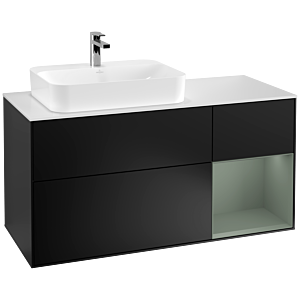 Villeroy und Boch Finion Waschtischunterschrank F401GMPD 120cm, Abdeckplatte white matt, Regal rechts Olive Matt Lacquer, Black matt lacquer