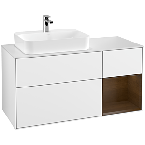 Villeroy and Boch Finion Villeroy and Boch Finion F401GNGF 120cm, cover plate matt white, shelf on the right walnut veneer, glossy white lacquer