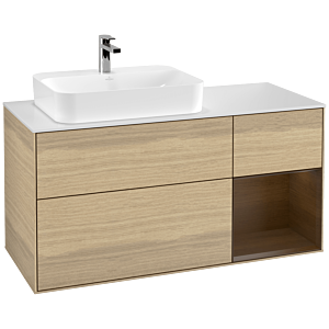 Villeroy und Boch Finion Waschtischunterschrank F401GNPC 120cm, Abdeckplatte white matt, Regal rechts Walnut veneer, Oak Veneer