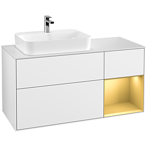 Villeroy et Boch Finion Villeroy et Boch F401HFGF 120cm, plaque de recouvrement blanc mat, étagère droite or mat, laqué blanc brillant