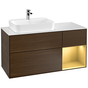 Villeroy und Boch Finion Waschtischunterschrank F401HFGN 120cm, Abdeckplatte white matt, Regal rechts Gold matt, Walnut veneer