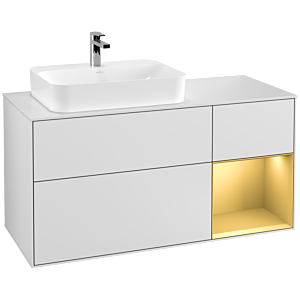 Villeroy und Boch Finion Waschtischunterschrank F401HFMT 120cm, Abdeckplatte white matt, Regal rechts Gold matt, White matt lacquer