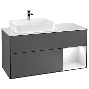 Villeroy und Boch Finion Waschtischunterschrank G401MTGK 120cm, Abdeckplatte white matt, Emotion, Regal rechts White matt lacquer, Anthracite matt