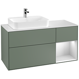 Villeroy et Boch Finion Villeroy et Boch F401MTGM 120cm, plaque de recouvrement blanc mat, étagère à droite laqué blanc mat, Olive Matt Lacquer