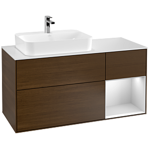 Villeroy und Boch Finion Waschtischunterschrank F401MTGN 120cm, Abdeckplatte white matt, Regal rechts White matt lacquer, Walnut veneer
