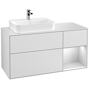 Villeroy et Boch Finion Villeroy et Boch F401MTMT 120cm, plaque de recouvrement blanc mat, étagère à droite laqué blanc mat, laqué blanc mat