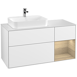Villeroy und Boch Finion Waschtischunterschrank F401PCGF 120cm, Abdeckplatte white matt, Regal rechts Oak Veneer, Glossy white lacquer