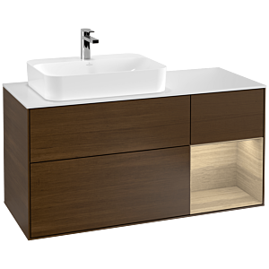Villeroy und Boch Finion Waschtischunterschrank F401PCGN 120cm, Abdeckplatte white matt, Regal rechts Oak Veneer, Walnut veneer