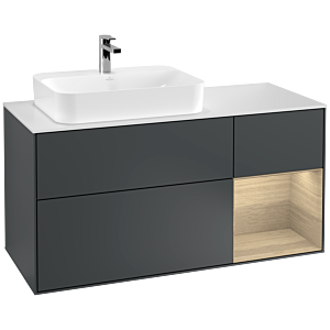 Villeroy und Boch Finion Waschtischunterschrank F401PCHG 120cm, Abdeckplatte white matt, Regal rechts Oak Veneer, Midnight Blue Matt Lacquer