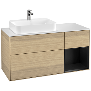 Villeroy und Boch Finion Waschtischunterschrank F401PDPC 120cm, Abdeckplatte white matt, Regal rechts Black matt lacquer, Oak Veneer