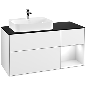 Villeroy und Boch Finion Waschtischunterschrank F402GFGF 120cm, Abdeckplatte black matt, Regal rechts Glossy white lacquer, Glossy white lacquer