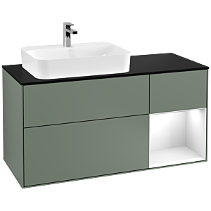 Villeroy und Boch Finion Waschtischunterschrank F402GFGM 120cm, Abdeckplatte black matt, Regal rechts Glossy white lacquer, Olive Matt Lacquer