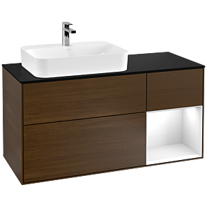 Villeroy und Boch Finion Waschtischunterschrank F402GFGN 120cm, Abdeckplatte black matt, Regal rechts Glossy white lacquer, Walnut veneer