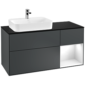 Villeroy et Boch Finion Villeroy et Boch F402GFHG 120cm, plaque de finition noir mat, étagère à droite Laque blanc brillant, Midnight Blue Matt Lacquer