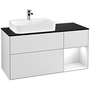 Villeroy und Boch Finion Waschtischunterschrank F402GFMT 120cm, Abdeckplatte black matt, Regal rechts Glossy white lacquer, White matt lacquer