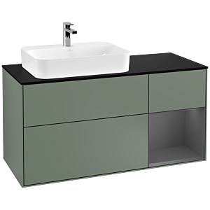 Villeroy und Boch Finion Waschtischunterschrank F402GKGM 120cm, Abdeckplatte black matt, Regal rechts Anthracite matt, Olive Matt Lacquer