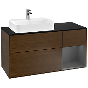 Villeroy und Boch Finion Waschtischunterschrank F402GKGN 120cm, Abdeckplatte black matt, Regal rechts Anthracite matt, Walnut veneer