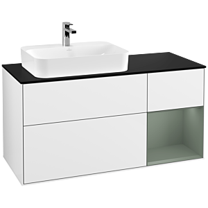 Villeroy und Boch Finion Waschtischunterschrank F402GMGF 120cm, Abdeckplatte black matt, Regal rechts Olive Matt Lacquer, Glossy white lacquer