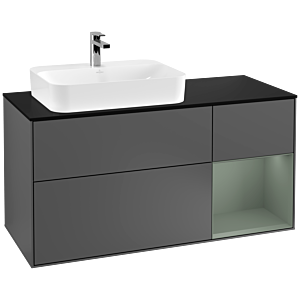 Villeroy und Boch Finion Waschtischunterschrank F402GMGK 120cm, Abdeckplatte black matt, Regal rechts Olive Matt Lacquer, Anthracite matt
