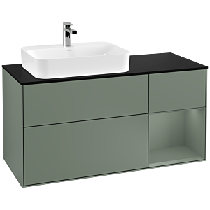 Villeroy und Boch Finion Waschtischunterschrank F402GMGM 120cm, Abdeckplatte black matt, Regal rechts Olive Matt Lacquer, Olive Matt Lacquer