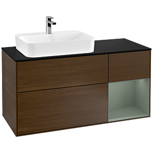 Villeroy und Boch Finion Waschtischunterschrank F402GMGN 120cm, Abdeckplatte black matt, Regal rechts Olive Matt Lacquer, Walnut veneer