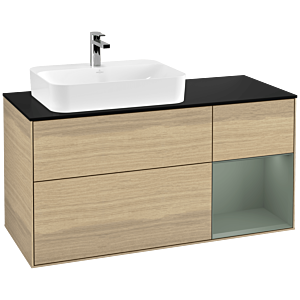 Villeroy und Boch Finion Waschtischunterschrank F402GMPC 120cm, Abdeckplatte black matt, Regal rechts Olive Matt Lacquer, Oak Veneer