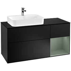 Villeroy und Boch Finion Waschtischunterschrank F402GMPD 120cm, Abdeckplatte black matt, Regal rechts Olive Matt Lacquer, Black matt lacquer