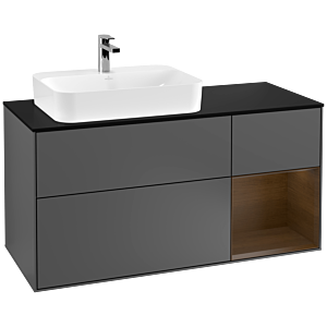 Villeroy und Boch Finion Waschtischunterschrank F402GNGK 120cm, Abdeckplatte black matt, Regal rechts Walnut veneer, Anthracite matt