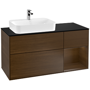 Villeroy und Boch Finion Waschtischunterschrank F402GNGN 120cm, Abdeckplatte black matt, Regal rechts Walnut veneer, Walnut veneer